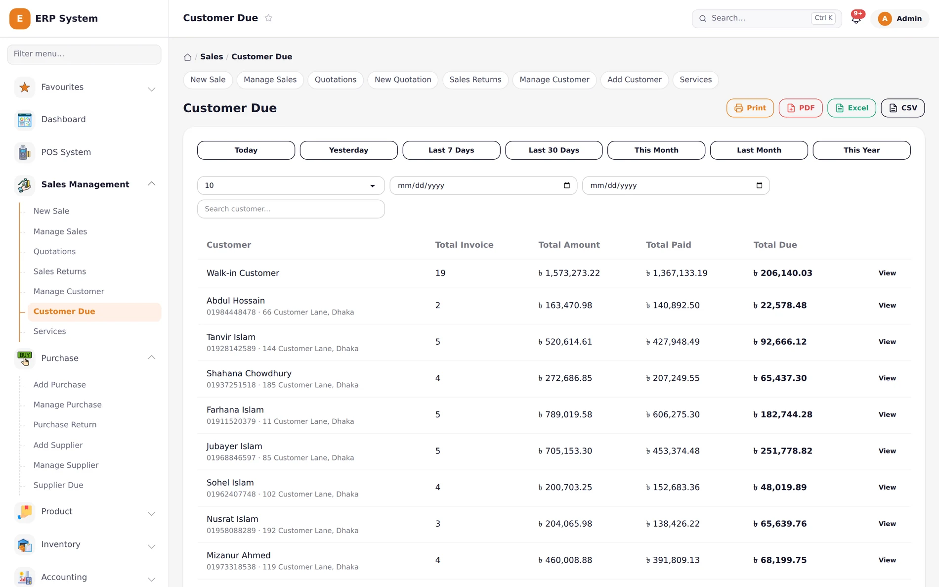Khatian ERP customer due list showing total invoice, total amount, total paid, and total due per customer