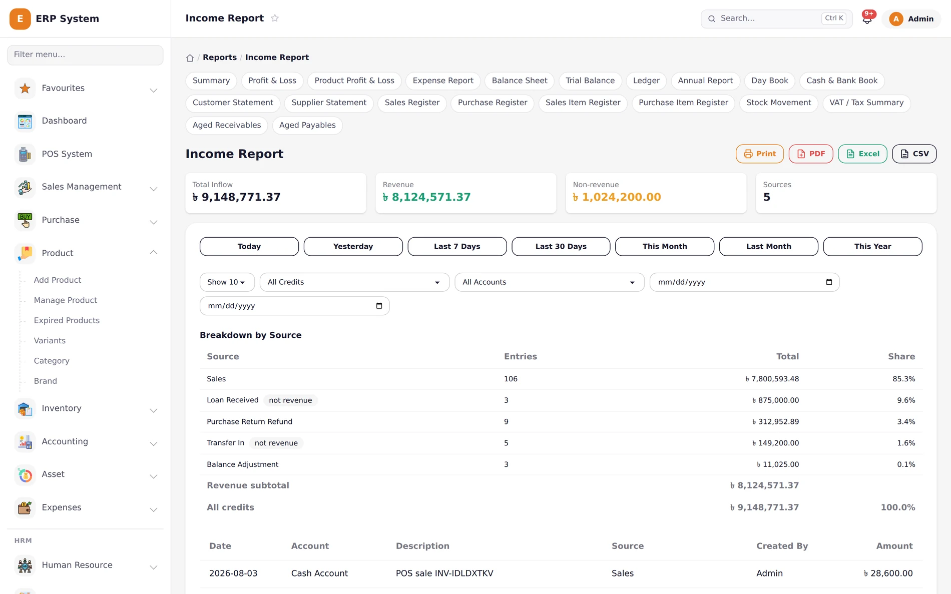 Khatian ERP income report showing total inflow, revenue breakdown by source, and a transaction ledger, with Print, PDF, Excel and CSV export buttons