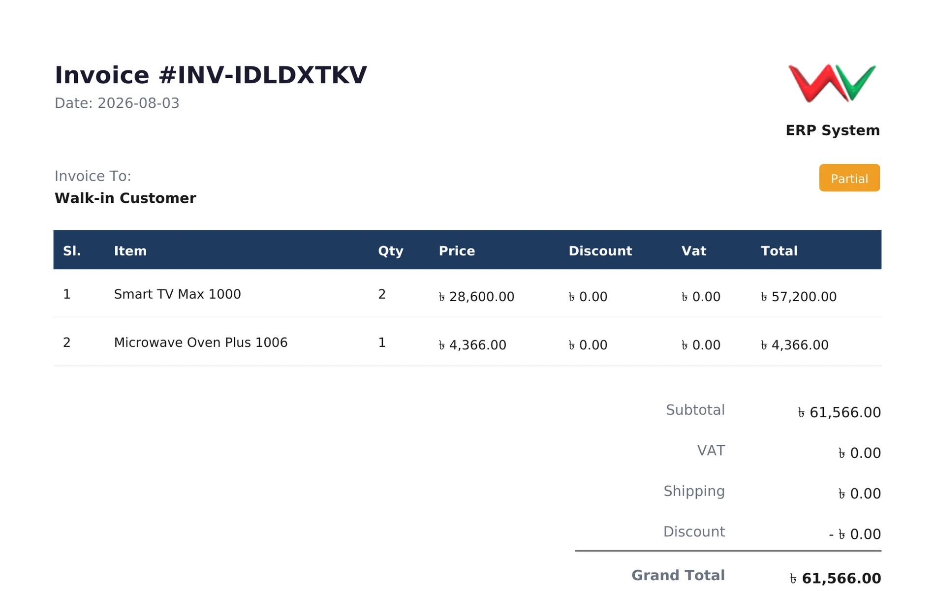 A real exported invoice PDF with the company logo, itemised products, and the grand total, paid, and due amounts