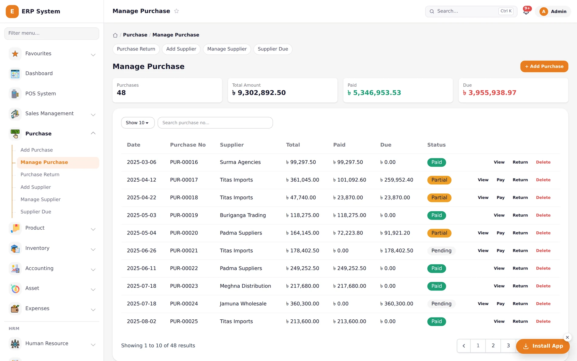 Khatian ERP purchase list with supplier, total, paid, due, and status for every purchase order