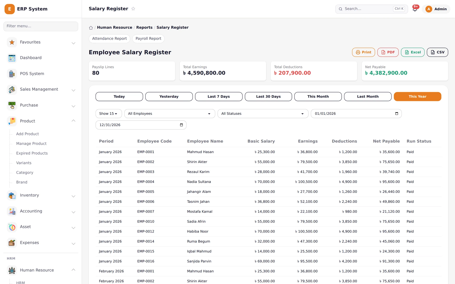 Khatian ERP employee salary register showing basic salary, earnings, deductions, and net payable for each employee by month